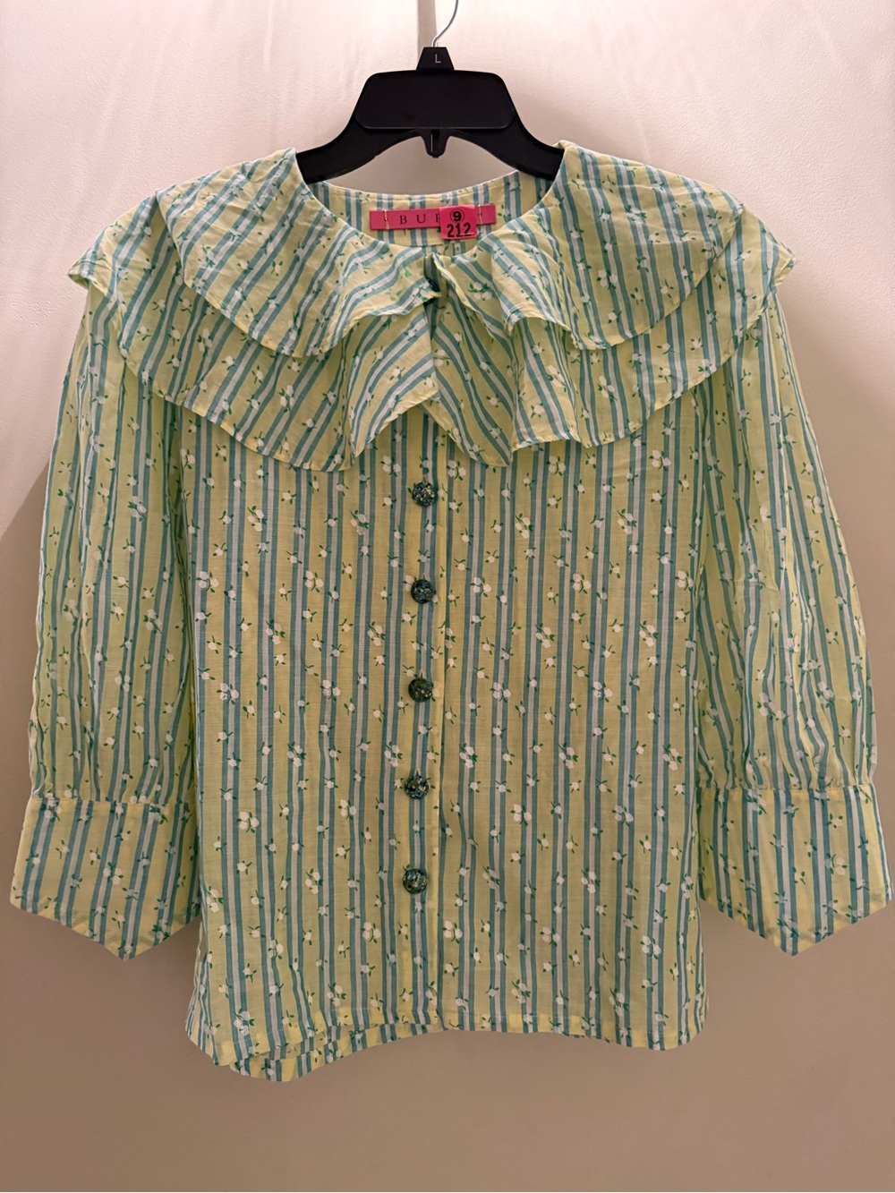Buru Lemon Lime Green Striped Floral Blouse with Ruffle Collar Button Up Medium